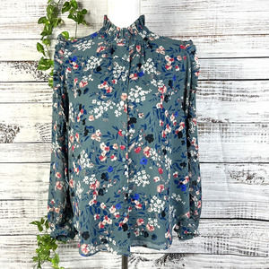 Ann Taylor Blouse Size Small Gray Blue Pink Floral Ruffles